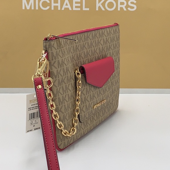 Michael Kors Jet Set LG 2 in 1 card case wristlet Wallet CARMINE PINK SIGNATURE - Picture 12 of 15